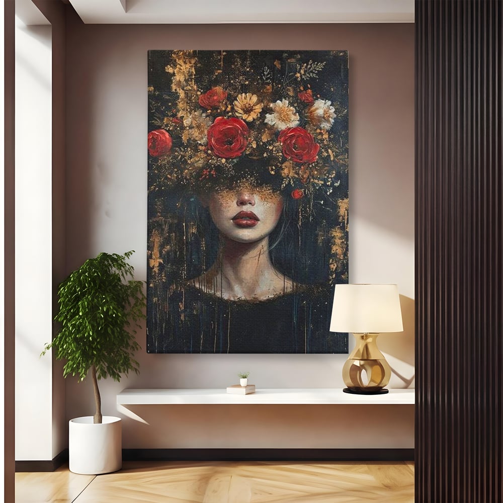 Tablou canvas cu tablou canvas cu portret de femeie si trandafiri rosii, fara rama, pe sasiu de lemn